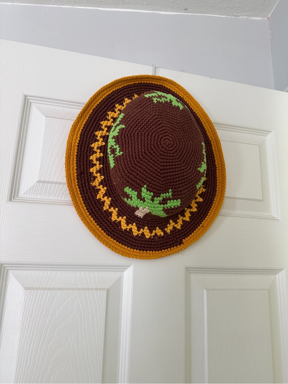 Free People Crocheted Round Accent Pillow Cover in Brown, Mustard & Green